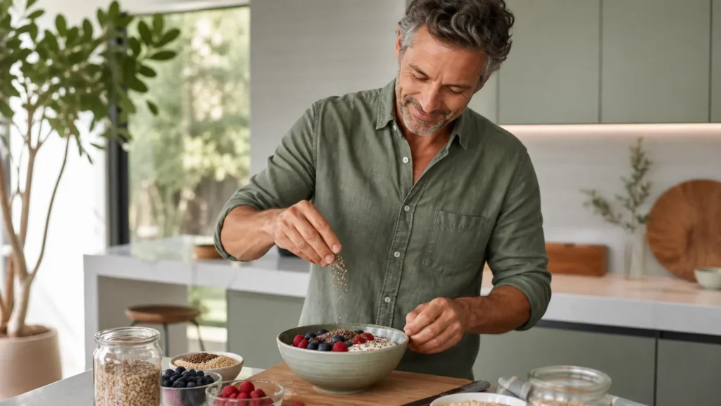 A man adding flaxseed and sesame seeds to a yogurt and berry bowl