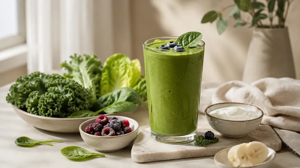 Woman holding a fresh green smoothie in a bright kitchen