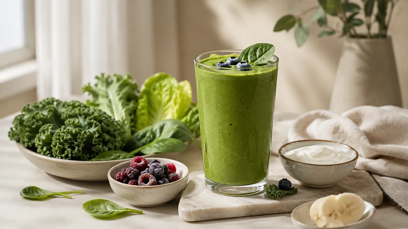 Woman holding a fresh green smoothie in a bright kitchen