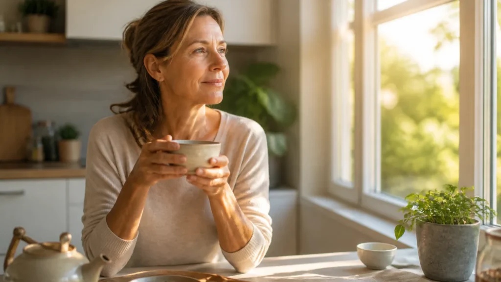 A woman enjoying freshly brewed green tea beside a healthy breakfast