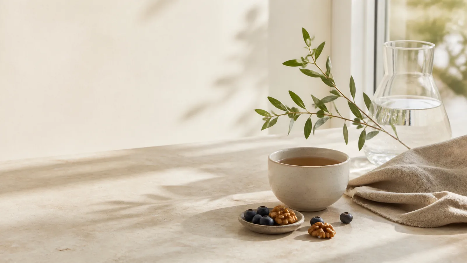 Herbal tea, water, blueberries and walnuts in soft morning light