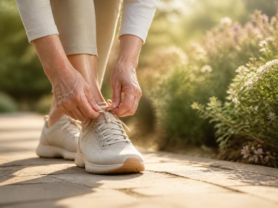 Mature woman tying walking shoes before a morning walk