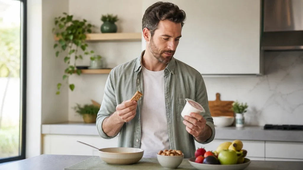 A man comparing a granola bar and flavored yogurt with fruit and nuts