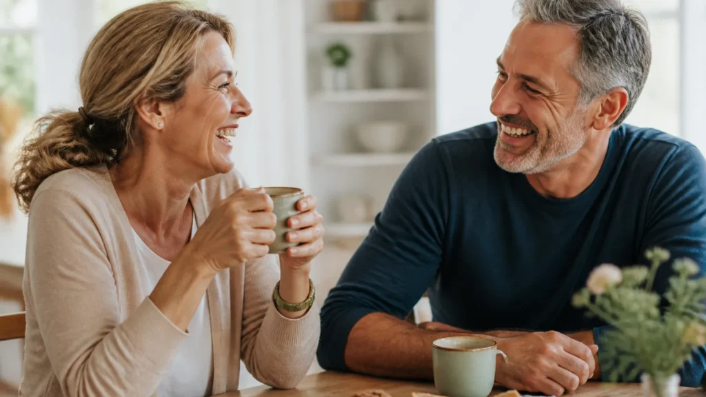 A woman laughing naturally with a friend in a bright relaxed setting