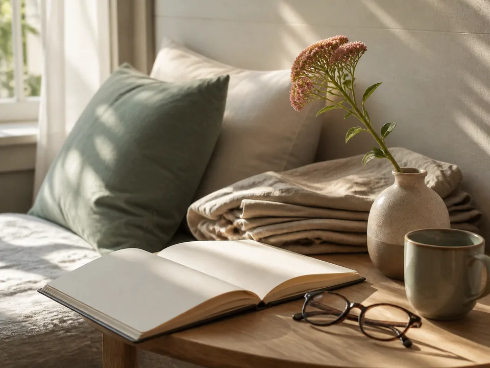 Quiet wellness reading nook with a blank journal, tea and botanical stem
