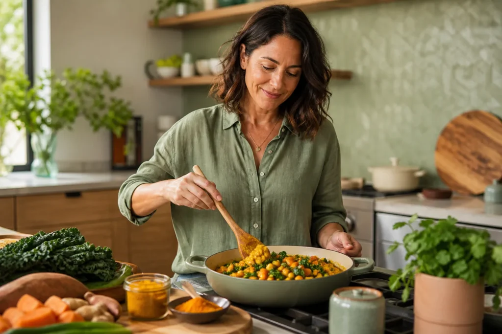 A woman preparing a turmeric-spiced vegetable meal in a bright kitchen