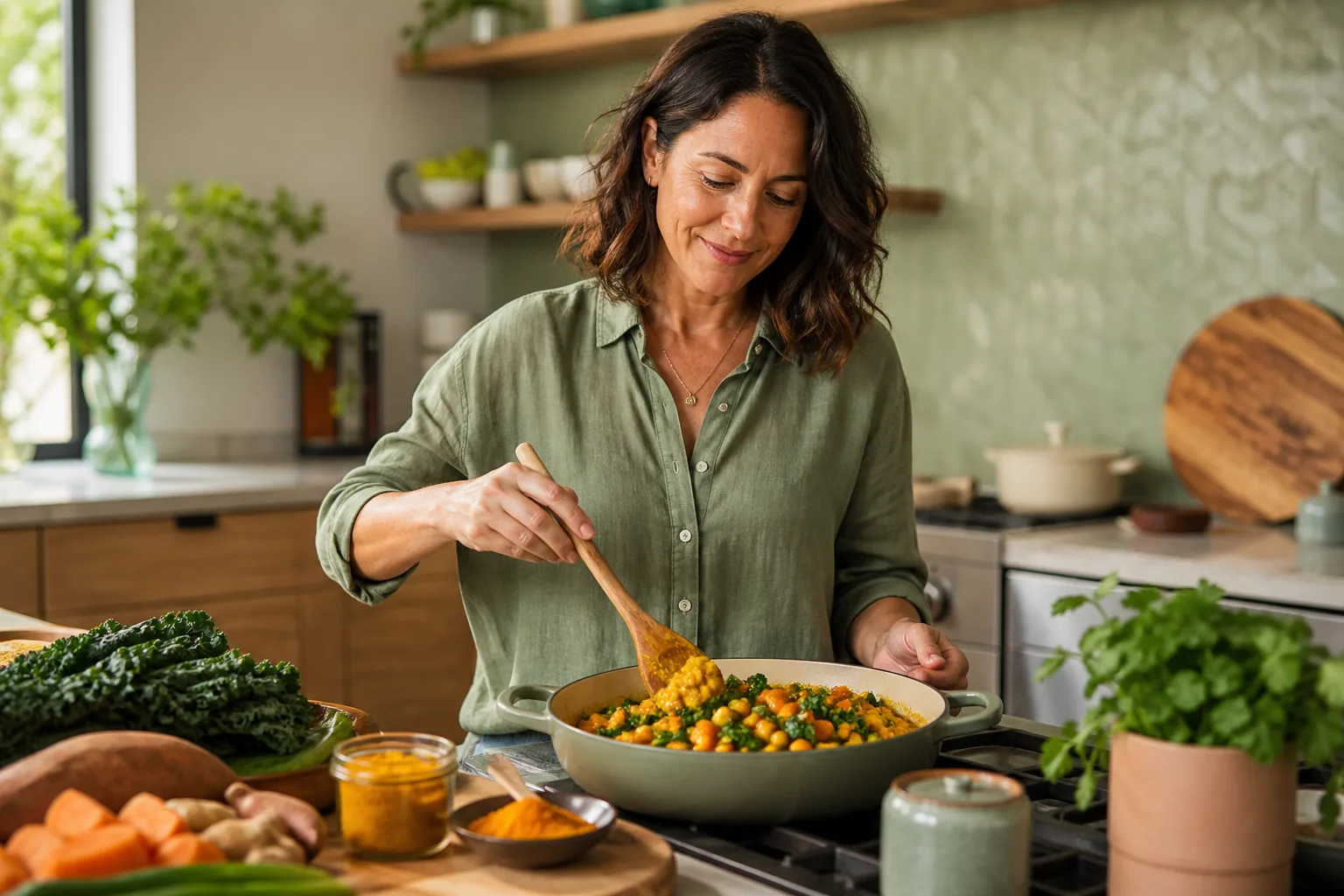 A woman preparing a turmeric-spiced vegetable meal in a bright kitchen