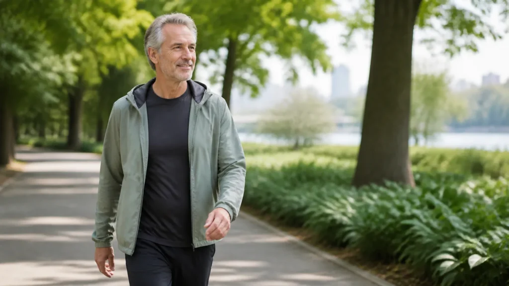 A healthy older man taking a brisk walk through a leafy park